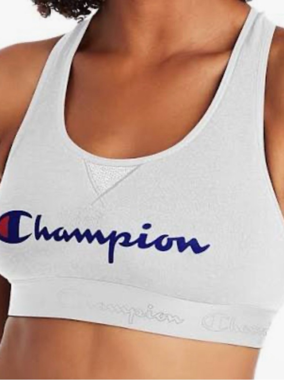 Champion White Sports Bra with Navy Script Logo